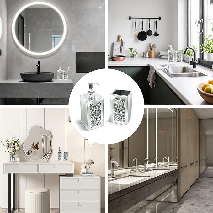 Bathroom Accessories Set, Square 2 Pack Silver Glass Soap Dispenser & Toothbrush Holder with Mirror Finish & Sparkling Diamond Accents, Modern Bathroom Countertop Decor