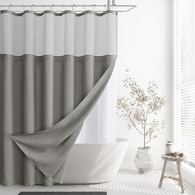 Naturoom Grey Linen Shower Curtain with Fabric Snap in Liner Set Rustic Style Farmhouse Shower Curtains for Bathroom Heavy Duty Burlap Cloth Double Bath Curtains with See Through Top Window 72x72
