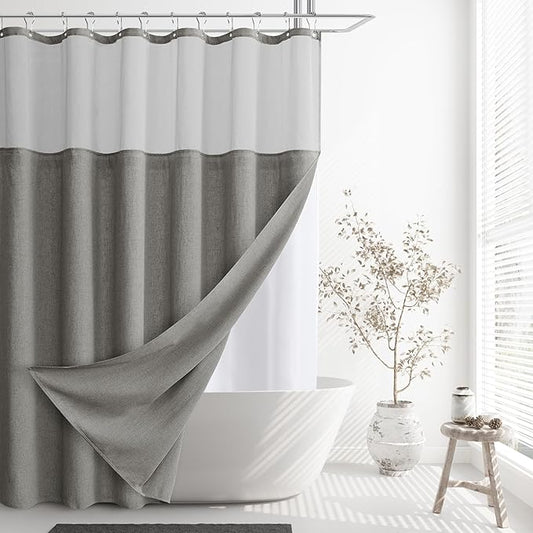 Naturoom Long Shower Curtain 84 Length Linen Thick Cloth Bath Grey Shower Curtain Set with Liner, Tall Modern Farmhouse Neutral Fabric Men Curtains for Bathroom, Mesh Top Window, Gray