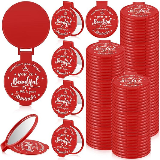 100 Pcs 2.76 Inch Inspirational Compact Mirror Bulk Women Small Gifts Graduation Party Favors Purse Mirror Pocket Mini Stuffer Items for Adult Coworker Cheerleader Employee (Red)