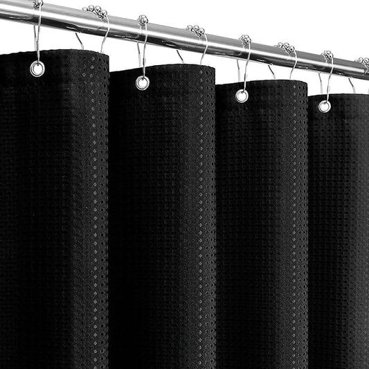 Gibelle Extra Long Shower Curtain 72 x 84, 230GSM Tall Waffle Weave Textured Fabric Shower Curtain for Bathroom, Water Repellent, Machine Washable, Black
