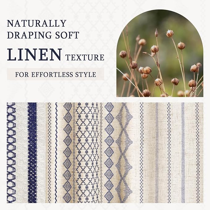 Nave Blue Boho Shower Curtain for Bathroom,Beige Linen with Striped Print and Twine-Inspired Woven Center,72" W x 72" L