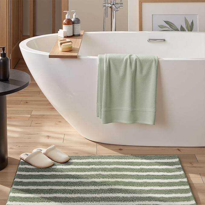 GRANNY SAYS Striped Bathroom Rugs Non Slip, 16" x 24", Bath Rugs for Bathroom Washable, Bath Mats for Floor, Microfiber Bath Mat for Tub, Absorbent Bath Rugs for Shower Room, Sage Green