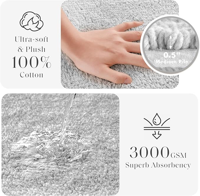 Madison Park Splendor Reversible 100% Cotton Tufted Bathroom Rug-3000 GSM Hotel Quality Luxurious Plush Medium Pile Bath Mat Absorbent, Quick Dry, Shower Room Décor, 24x60 Grey