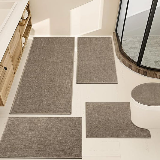 YIHOUSE Brown Bathroom Rug Sets 5 Piece, Dark Beige Absorbent Bath Mat for Bathroom Non Slip Washable,Bath Room Mat Quick Dry, Thin Bath Rug Set for Toilet and Floor