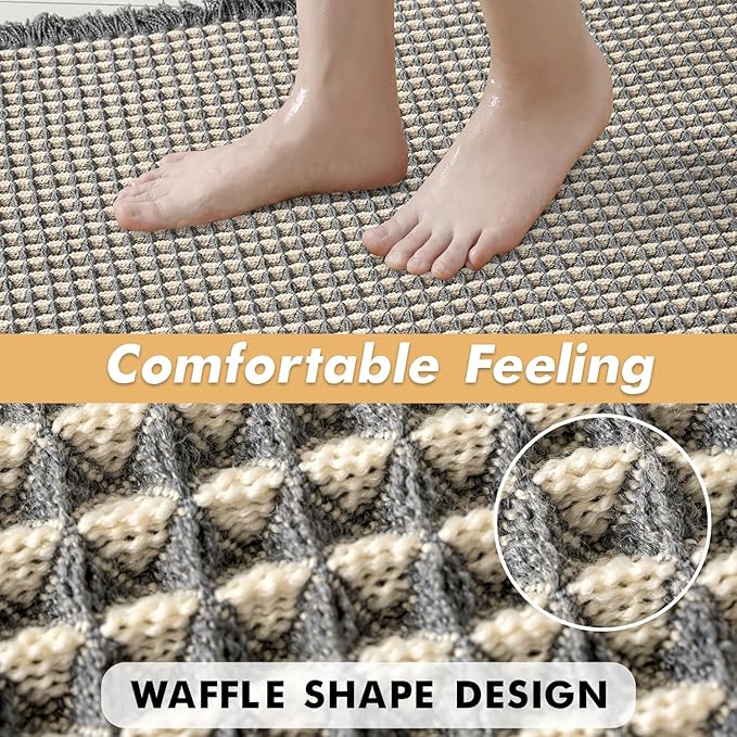 MIULEE Set of 2 Waffle Bathroom Rugs, Boho Bath Rugs Non Slip Washable, Super Absorbent Bath Mats, Ultra Soft Rubber Backed Shower Mats for Bathroom Floor, Tub, Dark Grey & Yellow, 18x30 Inch