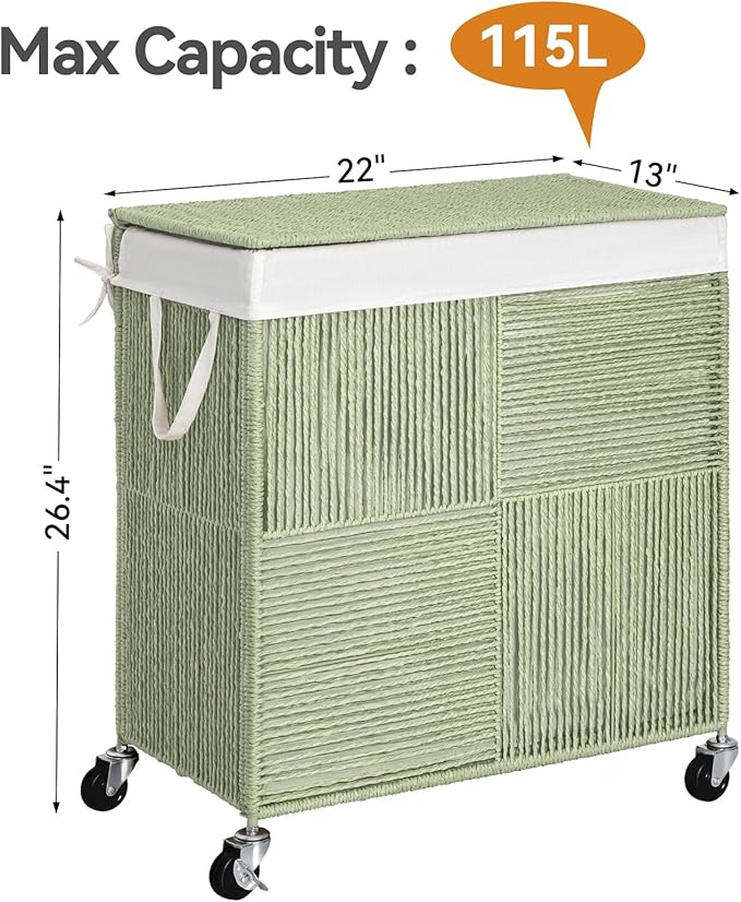 WOWLIVE Double Laundry Hamper with Lid, Handwoven Rolling Laundry Basket with Wheels, 115L Dirty Clothes Hamper with Removable Liner Bag Large Capacity Laundry Sorter Laundry Room Organization,Green