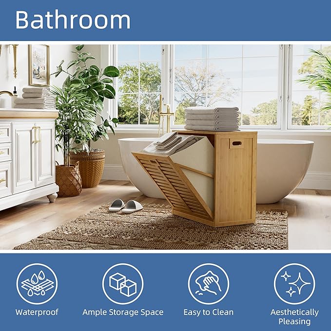 HITNET Tilt Out Laundry Hamper, Bamboo Laundry Cabinet with Hidden Removable Basket, Freestanding Clothes Storage organizer for Bedroom, Bathroom, Living Room, Natural