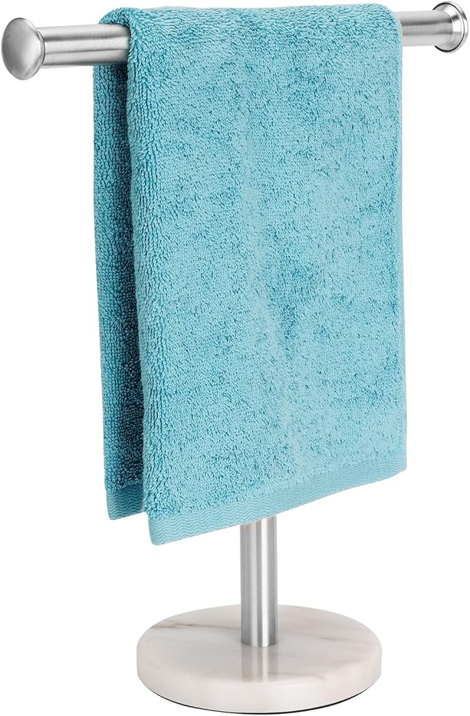 Hand Towel Holder Stand, Natural Marble Base T-Shape Fingertip Towel Rack, Rust-Proof (Brushed Nickel)