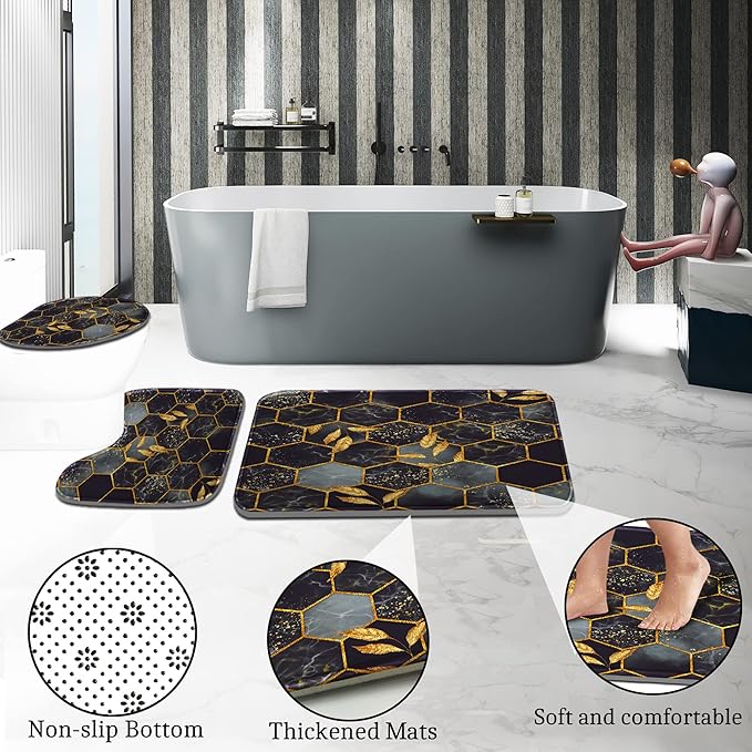 Poedist 4 Pcs Bathroom Shower Curtain Set,Bathroom Sets with Rugs(Bath Mat,U Shape and Toilet Lid Cover Mat) and 12 Hooks,Honeycomb Marble Grey Black
