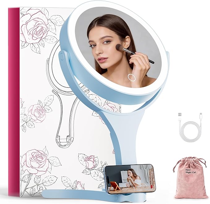 Hasipu Portable Travel Makeup Mirror with Lights – 360° Rotating with 1X/10X Magnifying, Rechargeable Tabletop Handhold Hanging 3 in 1 Mirror (Blue)