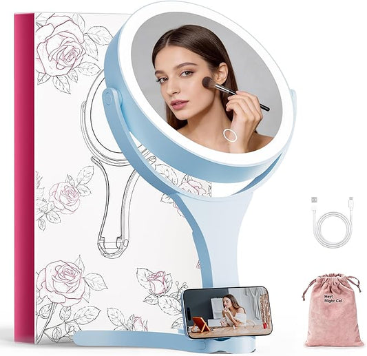 Hasipu Portable Travel Makeup Mirror with Lights – 360° Rotating with 1X/10X Magnifying, Rechargeable Tabletop Handhold Hanging 3 in 1 Mirror (Blue)