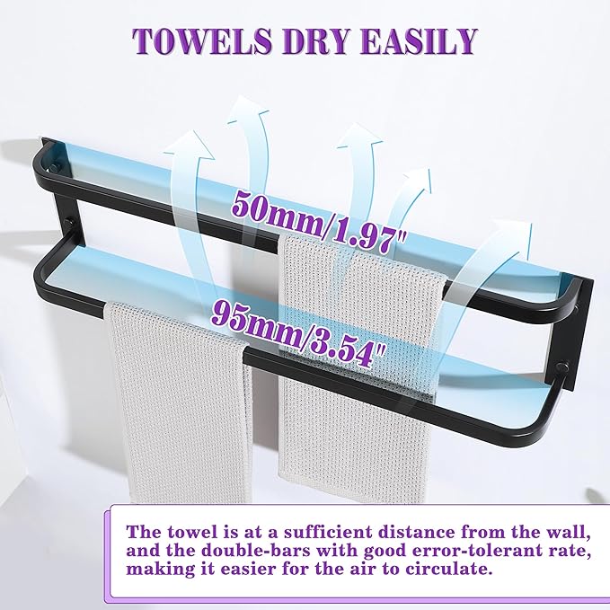 Alise Double Towel Bars for Bathroom,24'' Towel Holder Towel Racks for Bathroom Wall Mount,SUS304 Stainless Steel Double Towel Rail Towel Hanger for Bath Walls,Matte Black