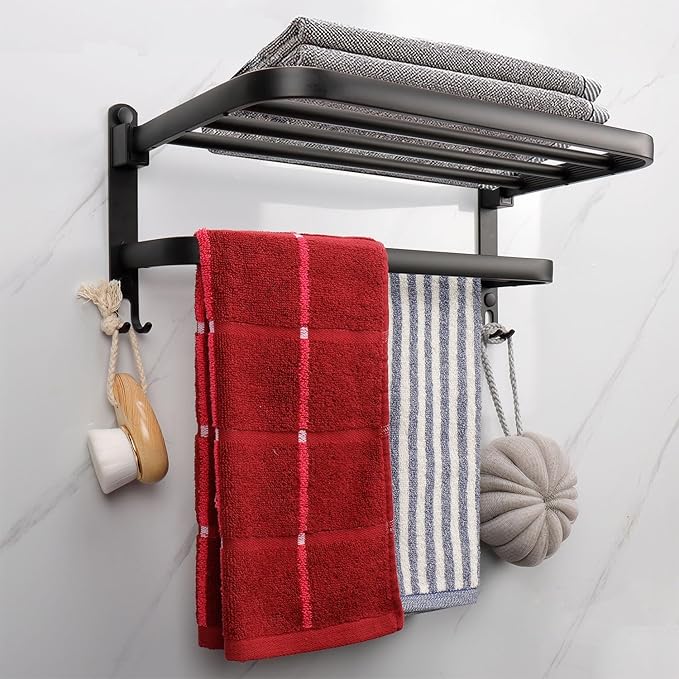 TocTen Towel Rack for Bathroom, Foldable Towel Holder with Double Towel Bars, Wall Mounted Premium Aluminum Bathroom Tower Shelf, Space-Saving Towel Hanger for Bathroom, Lavatory (Black,16 in)