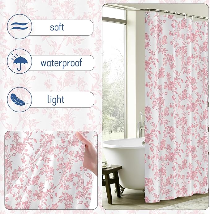 Seorsok Pink Shower Curtain,Sage Cotton Floral Cottagecore,Elegant Floral Fabric Shower Curtain Machine Washable Waterproof Bathroom Decor 60'Wx72'L inches