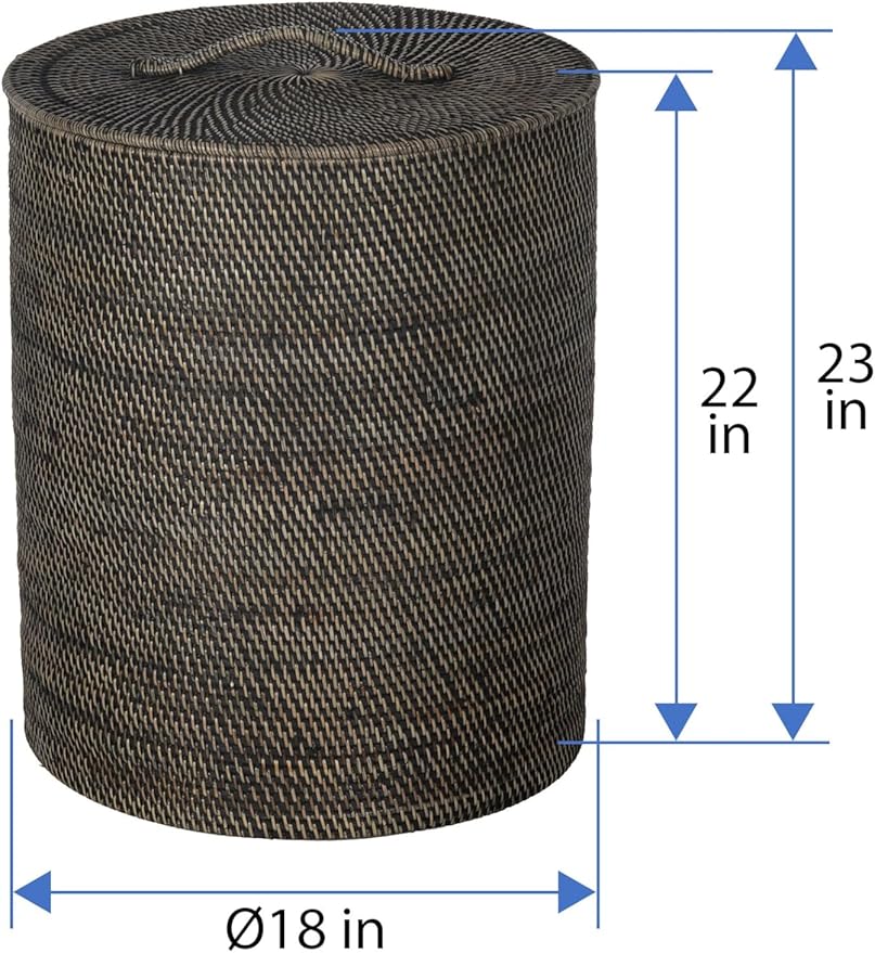 KOUBOO Loma Round Rattan Hamper & Laundry Basket with Lid Removable Liner, Perfect for Home Storage, Bathroom, Bedroom, Kids Room, Nursery, Black-Wash