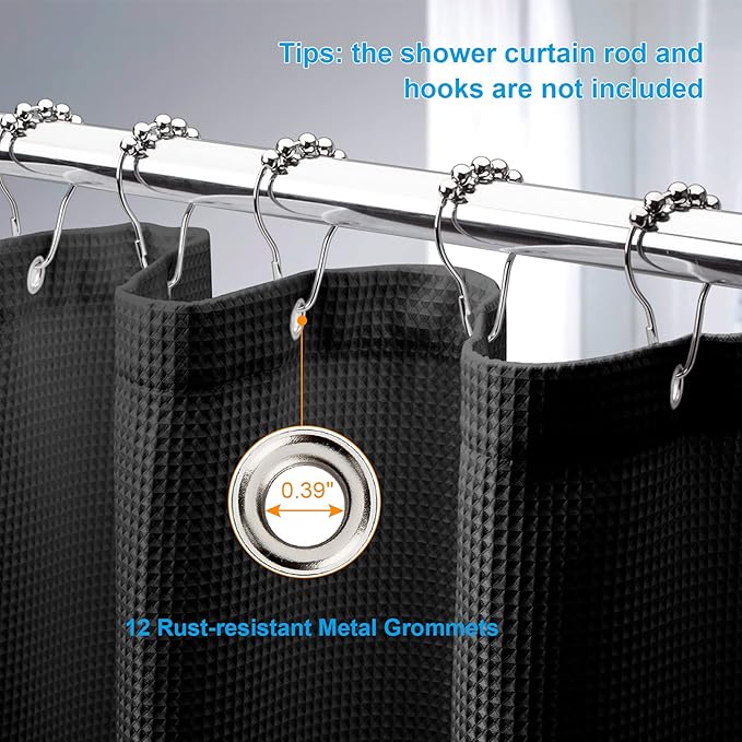 AmazerBath Black Shower Curtain Thick 240GSM, Fabric Shower Curtain with Waffle Weave, Bathroom Shower Curtains, Hotel Quality Heavy Duty, 72 x 72 Inches