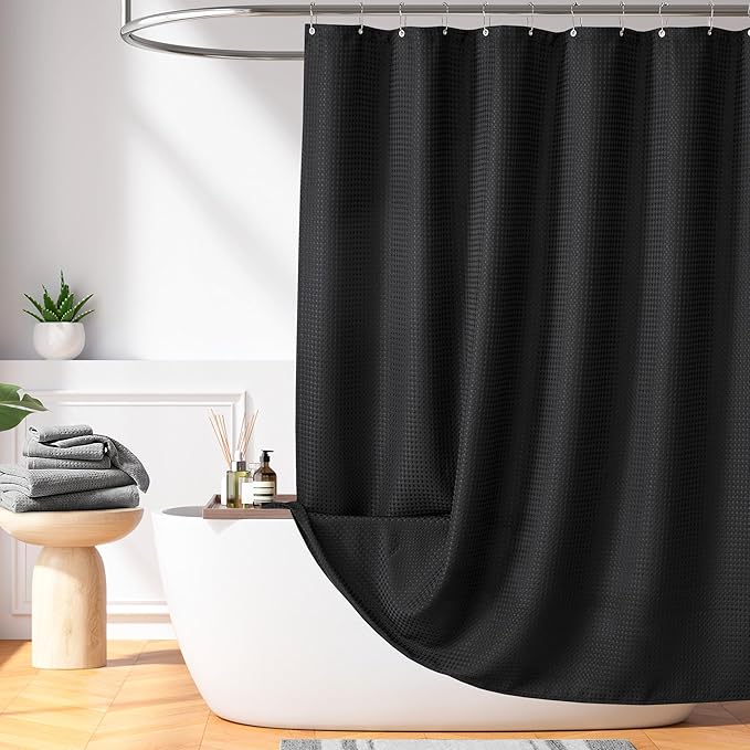 Madison Park Shower Curtain Waffle Weave, Vibrant Dyed, Waffle Shower Curtain 3M Scotchgard Moisture Management, Farmhouse Wide Shower Curtains for Bathroom, Extra Width: 108"x72" Black