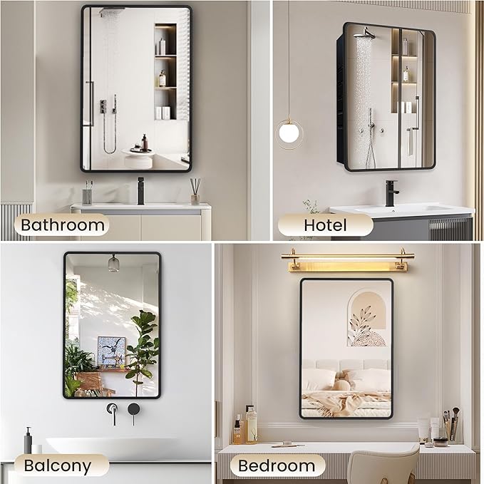 16x24 inch Medicine Cabinet with Mirror, Black Recessed or Surface Wall Mount Bathroom Cabinets with Adjustable Shelves and Metal Framed