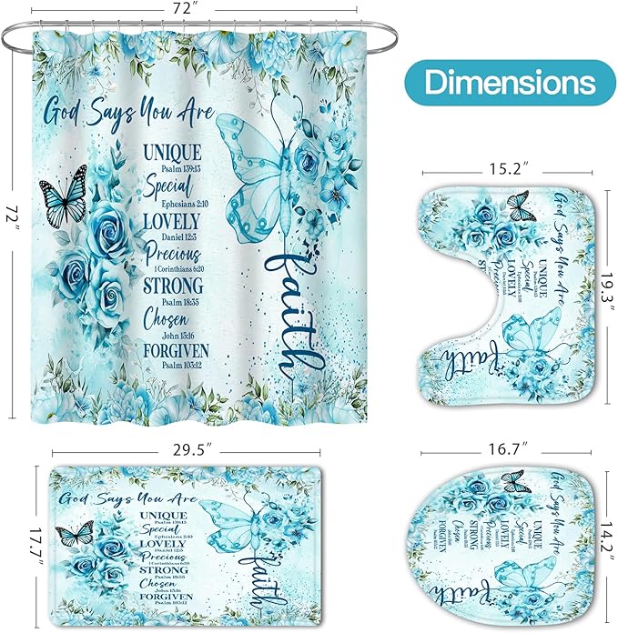 Litabel 4 Pcs Teal Butterfly Inspirational Quotes Shower Curtain Set with Rugs and Toilet Lid Cover, Colorful Boho Waterproof Fabric Bathroom Set, Bible Verse Floral Bathroom Decor Set Accessories