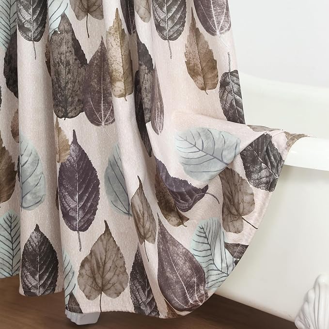 Extra Long Beige Shower Curtain 72x90 Inches, Waterproof Linen-Tone Fabric with Realistic Brown & Green Leaf Print, 12 Metal Grommets & Weighted Hem
