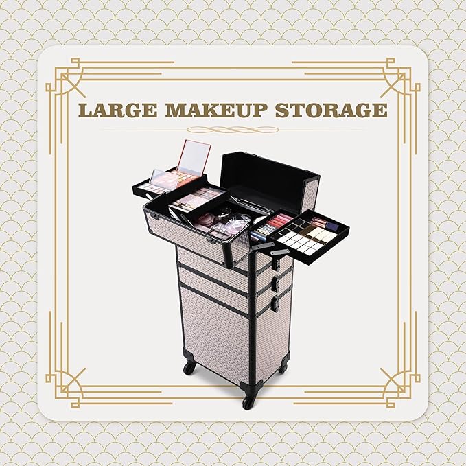 BYOOTIQUE 4in1 Rolling Makeup Case Large Cosmetology Case on Wheels,Easy Access Cosmetic Organizer Travel Case for Makeup Artist Hairstylist,Art Deco Graphite