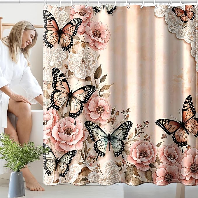 Dreamrflove Butterfly Shower Curtain, 1-Pack Pink Floral Shower Curtain, Butterfly Floral Bathroom Decor, 72x72 Inch Waterproof Polyester Insulated Home Decor
