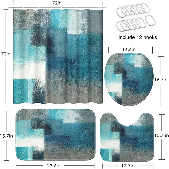 Turquoise Abstract Shower Curtain Set with Toilet Lid Cover and Non-Slip Rugs for Bathroom, Modern Painting Art 4 Pcs Shower Curtain, Vintage Grey White Bathroom Set with 12 Hooks
