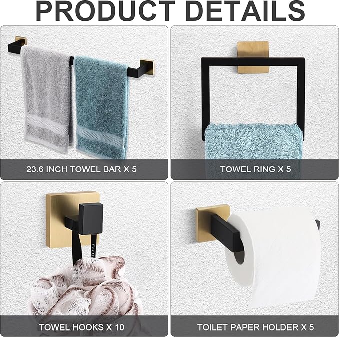 Gisafai 25 Pcs Black Gold Bathroom Hardware Accessories Set 23.6 Inch Bath Towel Bar Kit Stainless Steel Bathroom Hardware Set Towel Racks Ring Robe Hooks Paper Holder for Wall Mounted