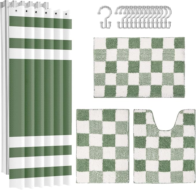 Britimes Sage Green Bathroom Sets with Shower Curtain and Rugs, Minimalist Striped Checkerboard Waterproof Shower Curtain Liner and Soft Non Slip Bath Mat for Bathroom Decor and Accessories Hooks