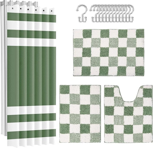 Britimes Sage Green Bathroom Sets with Shower Curtain and Rugs, Minimalist Striped Checkerboard Waterproof Shower Curtain Liner and Soft Non Slip Bath Mat for Bathroom Decor and Accessories Hooks
