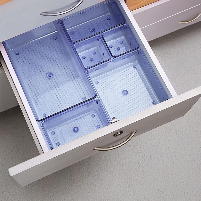 Kuber Industries 12 Pcs Acrylic Transparent Cosmetic Organizer Tray | Drawers Organisers for Kitchen, Office and Bathroom Vanity Makeup | Stationery Storage Drawer Divider Tray | Sea Blue