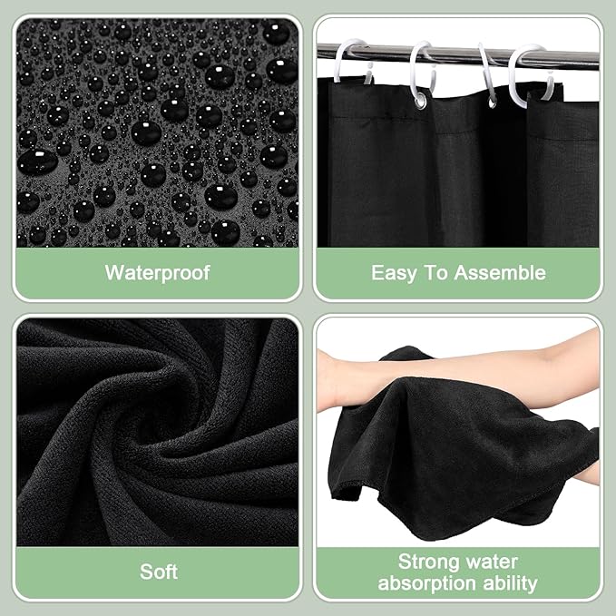 Fanfanwin 3 Pcs Bathroom Curtain Sets with Shower Rug and Towel Waterproof Shower Curtain Non Slip Bathroom Rug Bath Mat Soft Hand Towel with 12 Hooks for Hotel Decor(Black)