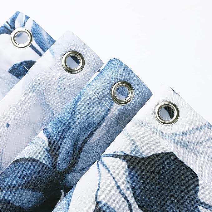 Gibelle Long Shower Curtain 72 x 78, Navy Blue Floral Shower Curtain for Bathroom, Watercolor Plant Eucalyptus Leaves Fabric Shower Curtain Set