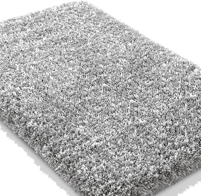 Yimobra Bathroom Rugs Non Slip Washable, Ultra Soft and Water Absorbent Bath Mats, Plush Fluffy Shower Mat Outside, Microfiber Thick Matts for Bathroom Floor/Sink, 24x17, Light Gray and White