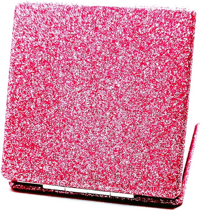 Square Pink Compact Mirror for Women,Small Magnifying Travel Mirror with Glitter,Portable 2 x 1x Magnification Folding Pocket Makeup Mirror Cosmetic Mirror for Gift Travel Essentials