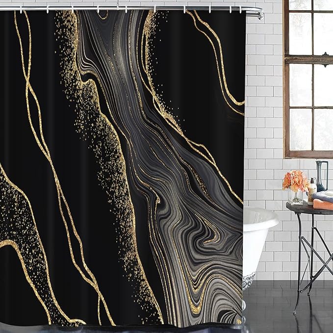 ArtSocket Marble Black Gold Bathroom Set with Shower Curtain and Bath Rugs and Accessories,Agate Golden Stone Non-Slip Shower Curtain Set,Bathroom Decor 3 Pcs