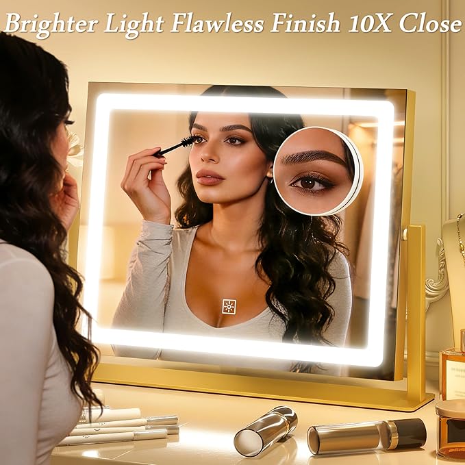 12" x16" LED Vanity Mirror with Lights, Gold Makeup Mirror with Lights, 10X Magnification Mirror with 3 Color Modes＆Dimmable, Light up Makeup Mirror for Vanity Desk, Travel