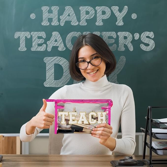 CY2SIDE TEACH Clear Makeup Bag - White TEACH Letter Patch Cosmetic Bag with Handle for Travel PVC Zipper Clear Toiletries Waterproof Portable Travel Organizer Teacher Appreciation Gifts, Rose