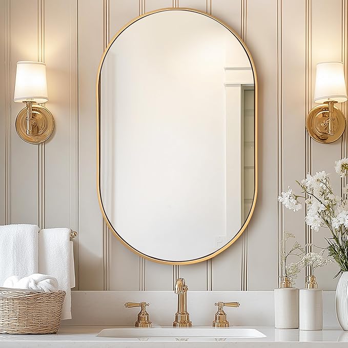 SogesHome Modern Medicine Cabinet with Mirror, 20"x34" Oval Decro Recessed Mirror Cabinet, Wall-Mount Bathroom Vanity Mirror with Storage with 2 Shelves, Perfect for Bathroom, Gold