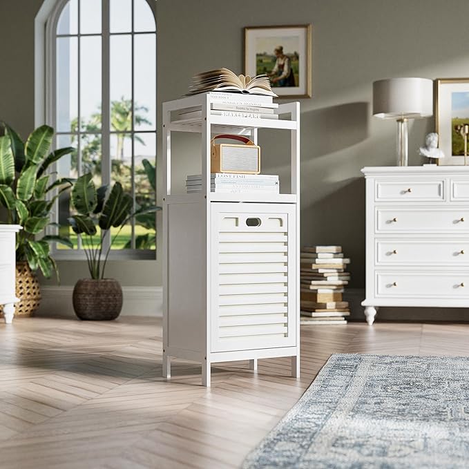 HITNET Bamboo Tilt Out Hamper, 10 Gal Bathroom Laundry Cabinet with Hidden Foldable Basket, Freestanding Clothes Storage Organizer with Storage Shelf, White