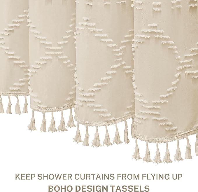 Extra Long Boho Farmhouse Shower Curtain, 72 x 78 Cream/Beige Tufted Chevron Textured Striped Modern Minimalist Cloth Curtain for Bathroom