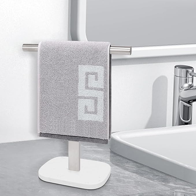NearMoon T-Shape Hand Towel Holder-Bath Towel Rack-Standing with Balanced Base Towel Bar for Bathroom Kitchen Vanity Countertop, Modern Stand Towel Ring with Marble Base (14 Inch, Brushed Nickel)