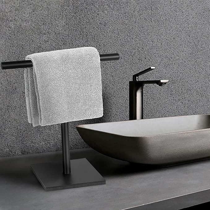 Freestanding Hand Towel Holder Countertop Modern Stand Towel Rack with Square Base Space Saving 304 Stainless Steel Hand Towel Holder Matte Black Finished