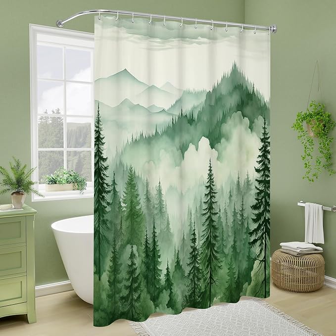 Green Misty Pine Forest Shower Curtain, Mountain Foggy Woodland Scenery Tree Shower Curtains for Chic Rustic Bathroom, Abstract Modern Waterproof Nature-Themed Decor, 72x72 Inches