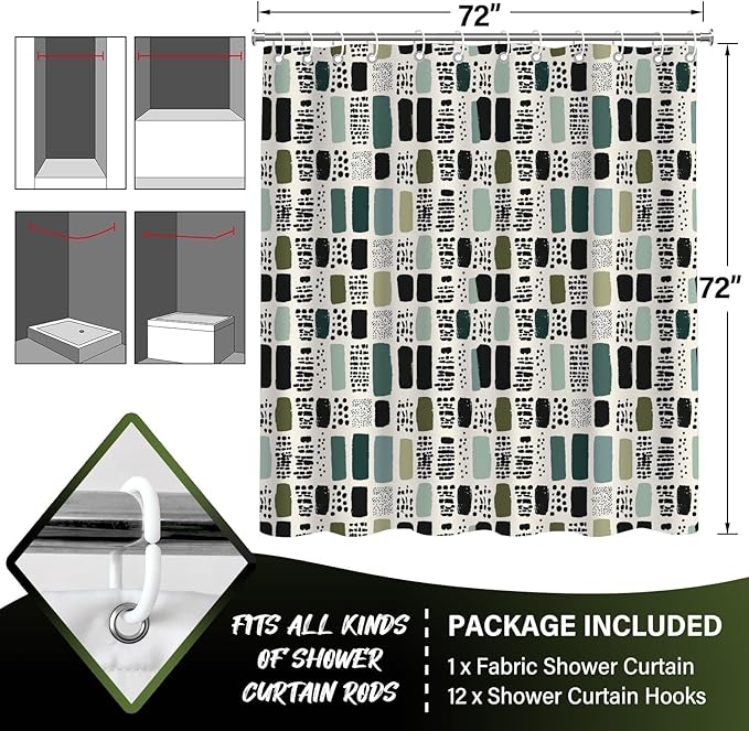 Sage Green Shower Curtain for Bathroom,Bohemian Green Checkered Waterproof Polyester Shower Curtain,Funny Sage Geometric Bathroom Decor,72x72 Inch