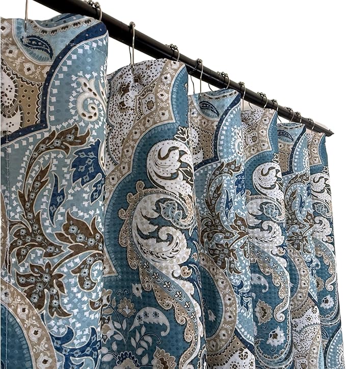 Serafina Home Decorative Blue & Brown Boho Fabric Shower Curtain, Modern Farmhouse for Vintage Rustic Bathroom Decor, Floral Victorian, 72 x 72