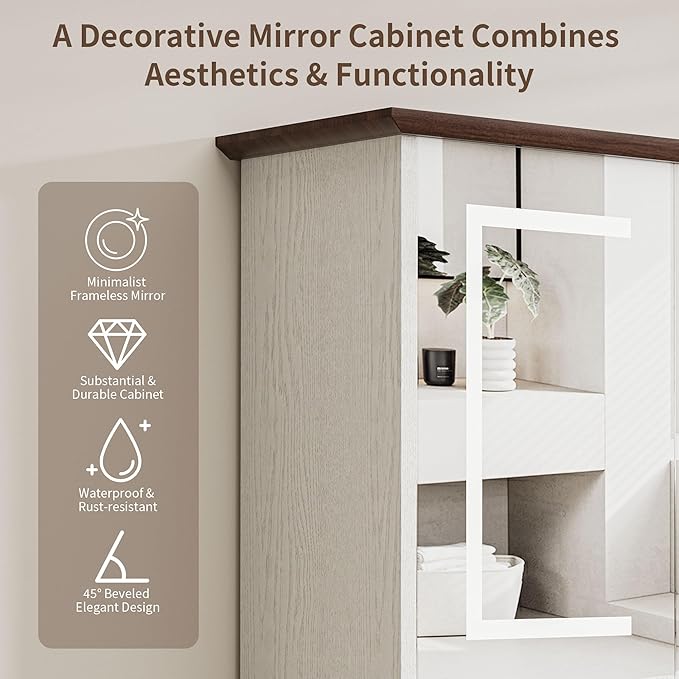 Bathroom Medicine Cabinet with Mirror, Lighted Storage Cabinet Wall Mounted with Doors & Adjustable Wood Shelf, Modern Bathroom Mirror with LED Lights Defogger for Makeup Laundry/Living Room, White