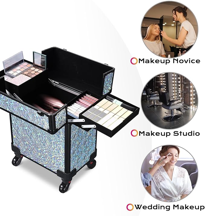 BYOOTIQUE 2-Piece Makeup Train Case Cosmetic Organizer Kit Mermaid Silver Salon