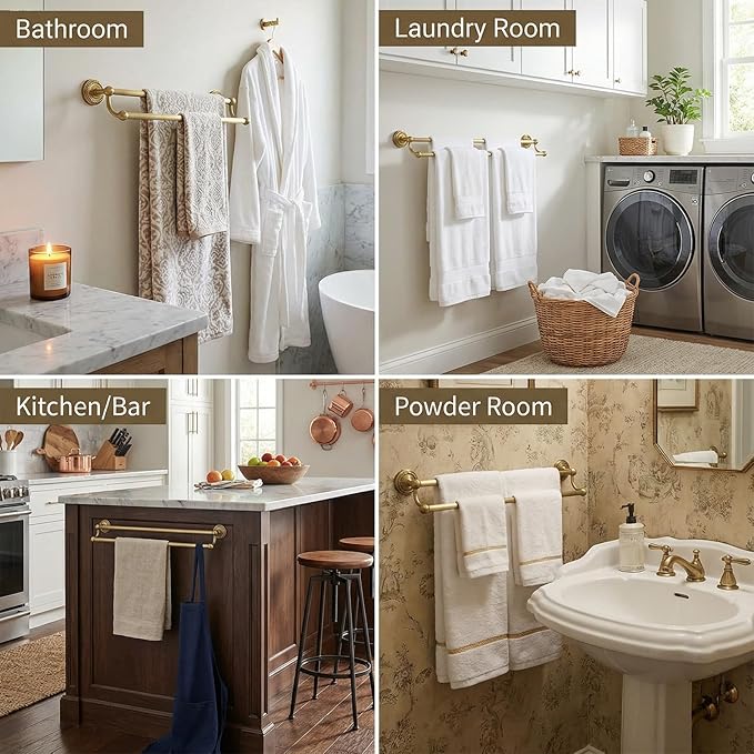 Double Towel Bar, Antique Brass Bathroom Towel Racks Wall Mounted, Adjustable Gold Towel Bar Fits 14-25 Inch Centers, Heavy Duty Rustproof Brass Towel Rod Holder for Bath